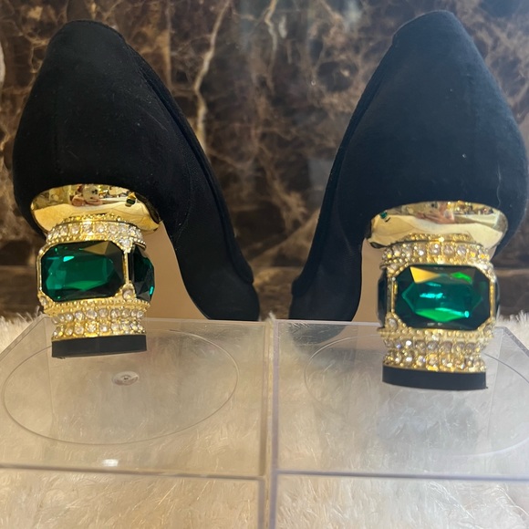 FSJ~ Pointed Toe~Bejeweled Chunky Block Heel Pump~Black Faux Suede & Mesh~Sz 8.5 - Picture 4 of 5